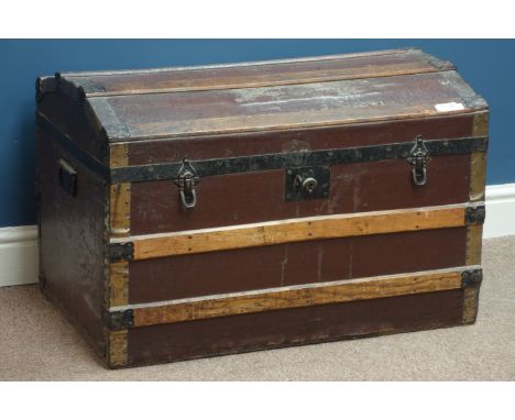 Early 20th century dome top wooden bound travelling trunk, W76cm   Condition Report   Click here for further images, conditio