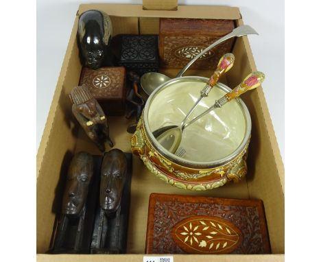 African stone and wood carvings, Victorian Wedgwood salad bowl and servers, silver plated ladle and other treen in one box   