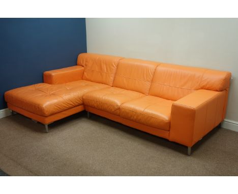 Corner sofa upholstered in orange leather, W255cm, D160cm   Condition Report   Click here for further images, condition, auct