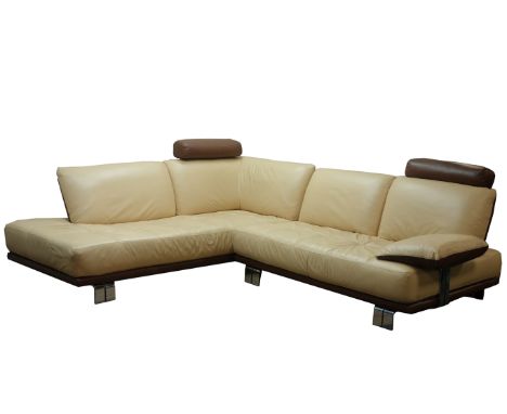 Large two tone brown and cream leather corner sofa, W270cm, D225cm   Condition Report   Click here for further images, condit
