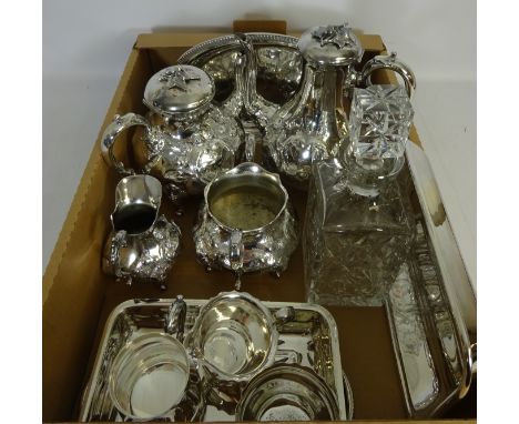 Edwardian silver plated four piece tea set, cut glass decanter and other silver plate in one box      Condition Report   Clic