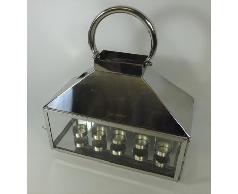 Stainless steel 5 light lantern with hoop handle, W35cm, H36cm   Condition Report   Click here for further images, condition,