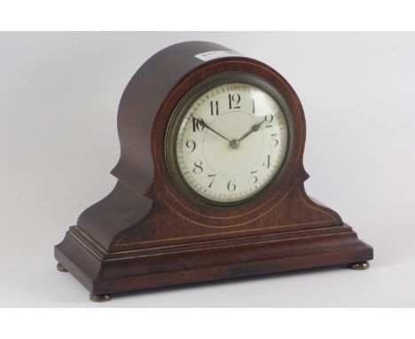 Edwardian mahogany mantle clock, boxwood stringing, barrel movement, lion stamp for 'Duverdrey & Bloquel', H17cm CLOCKS & BAR