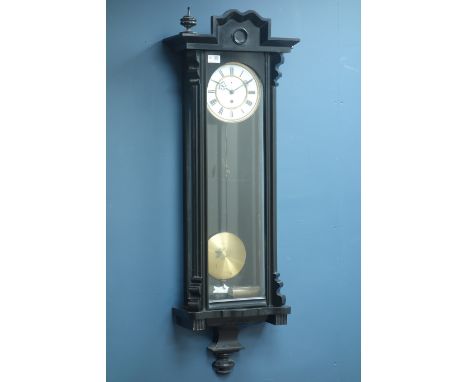 Late 19th century ebonised case Vienna regulator wall clock, round enamel dial with subsidiary second dial, H109cm CLOCKS & B
