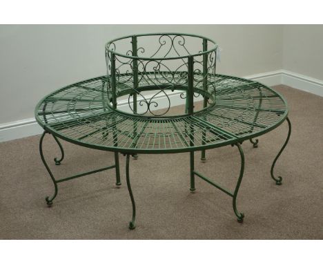 Wrought metal antique green finish circular tree bench, D139cm, H78cm (Internal D57cm)   Condition Report   Click here for fu