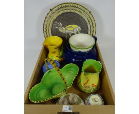 Art Deco pottery jugs and basket, Poole pottery, Mexican charger decorated with Antelope and other Vintage pottery in one box