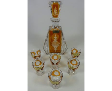 Julia cut crystal amber glass decanter and six matching sherry glasses (7)   Condition Report   Click here for further images