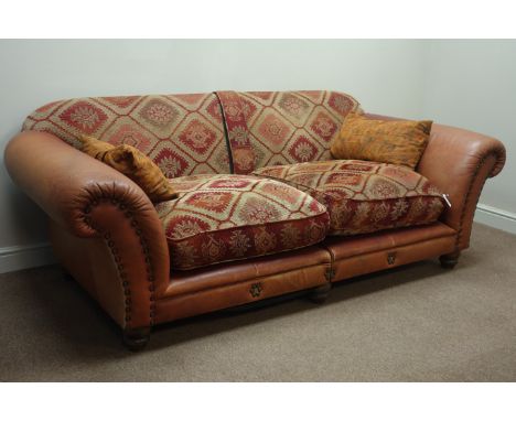 Tetrad Eastwood four seat sofa, leather upholstery with Kilim chenille loose cushions, W225cm   Condition Report   Click here