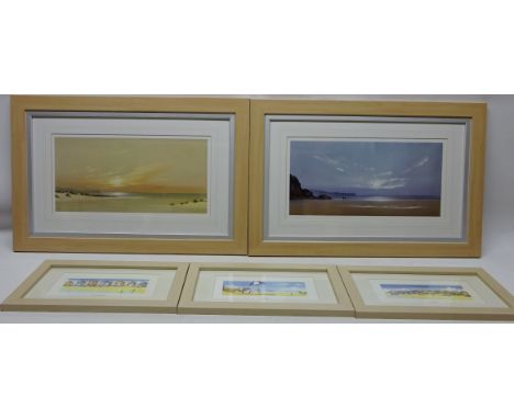 Seascape Scenes, pair colour prints 20cm x 40cm and Beach Huts and Parasols, three colour prints titled 9cm x 22cm (5)   Cond