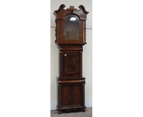 Victorian figured mahogany longcase clock case, carved swan neck pediment, with bobbin turned pilasters, raised on bun feet, 