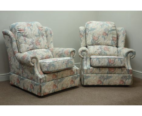 G-Plan three seat sofa (W195cm), pair matching armchairs (W95cm), and footstool, upholstered in floral pattern fabric   Condi