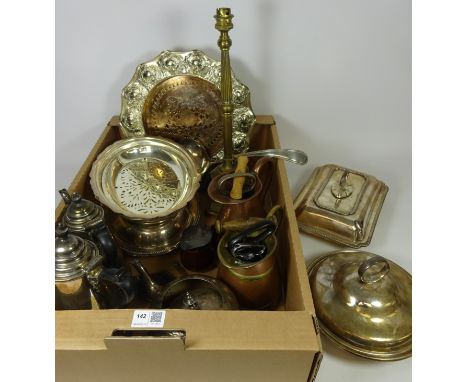 Silver plate entree dishes, ladle, brass lamp, cork screws and miscellanea in one box    Condition Report   Click here for fu