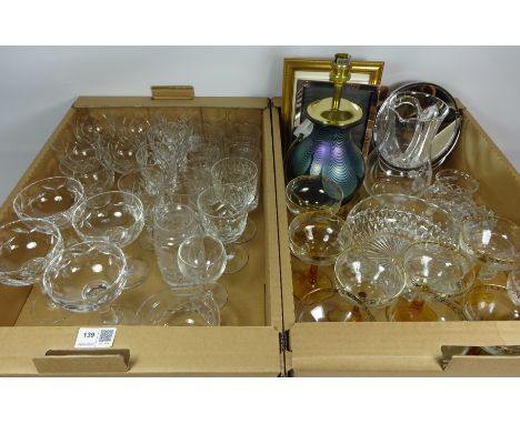 Set of four Edinburgh crystal champagne glasses, Royal Doulton drinking glasses, iridescent glass table lamp  (This item is P