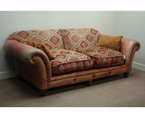 Tetrad Eastwood four seat sofa, leather upholstery with Kilim chenille loose cushions, W225cm   Condition Report   Click here