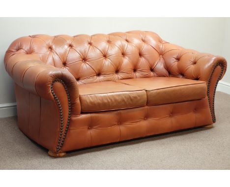 Three seat Chesterfield sofa upholstered in buttoned tan leather, W205cm