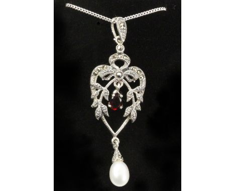Marcasite, garnet and pearl pendant necklace stamped 925   Condition Report   Click here for further images, condition, aucti