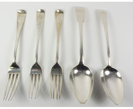 George III Old English pattern silver table spoon and two Hanoverian table forks by William Eley and William Fearn London 180