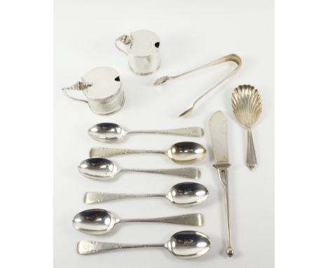 Unusual silver butter knife by George Adams (Chawner & Co) London 1878, set of six coffee spoons with matching sugar tongs, s