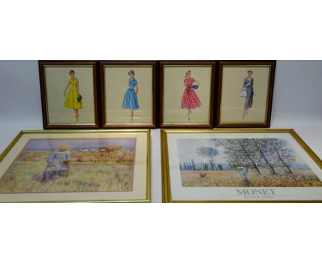 Four 1950's Ladies Fashion colour prints 24cm x 19cm and eight other colour prints including Impressionist pictures max 39cm 