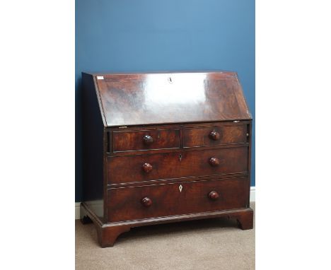 Georgian mahogany fall front bureau, two short and two long drawers, fitted interior, bracket feet, W106cm, H105cm, D55cm