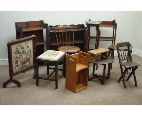 Three oak bookcases, oak plant stand, folding child's chair, needlework fire screen, stick back chair, thee occasional tables