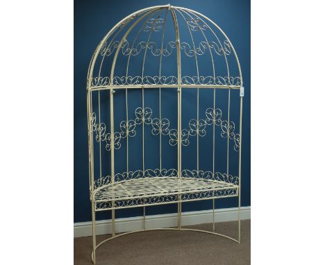 Cream finish demi-lune garden arbour bench, W120cm, H185cm   Condition Report   Click here for further images, condition, auc