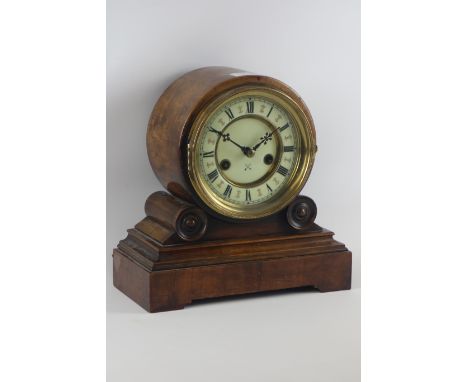 Late Victorian oak and walnut cased circular dial mantle clock, chiming the half hours, dial signed with the HAC logo, H27cm 