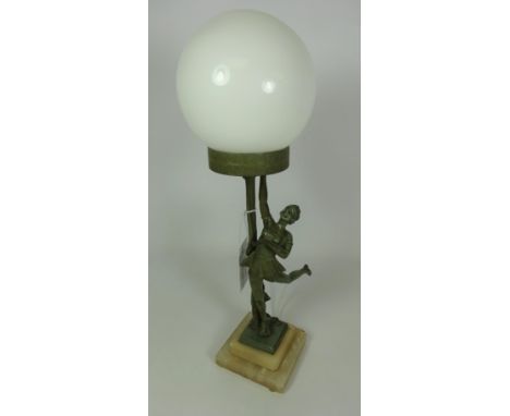 Art Deco spelter figural lamp on alabaster plinth, H31.5cm not including shade   Condition Report   Click here for further im