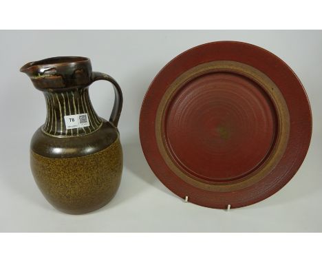 David Lloyd Jones studio pottery pitcher jug H27.5cm and a dish both signed to base     Condition Report   Click here for fur