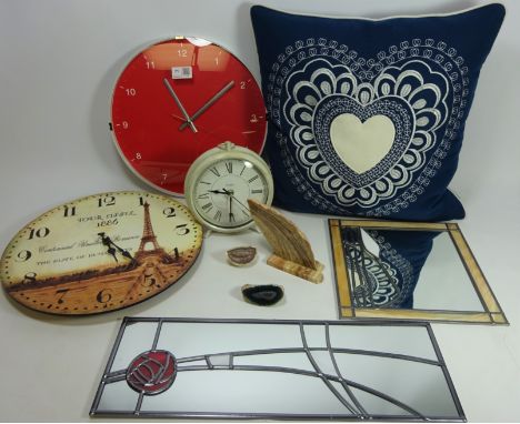 Two wall clocks, desk clock, two leaded glass mirrors, embroidered cushion and three quartz    Condition Report   Click here 