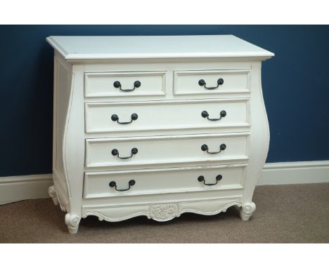 French style white finish bombe commode chest, two short and three long drawers, W94cm, H81cm, D47cm   Condition Report   Cli