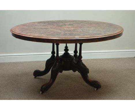 Victorian inlaid walnut oval loo table, tilt top, on four pillar carved base, 135cm x 100cm, H71cm   Condition Report   Click