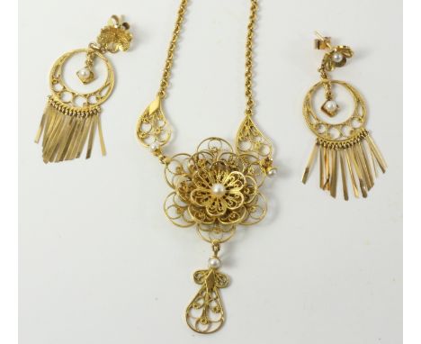 Filigree pearl set pendant necklace and matching pair ear-rings stamped 9ct approx 20gm   Condition Report   Click here for f