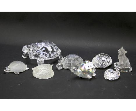 An assortment of glass and crystal animals. Including a Fenton turtle, Goebel dog, Riedel turtle, Waterford paperweight, Steu