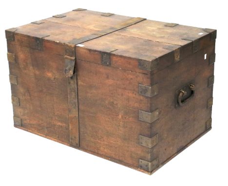 A large 19th century metal bound oak storage trunk. With large iron handle on each end, measuring L96cm x D63cm x H59cm 