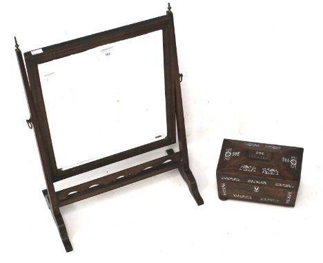 A rosewood tea caddy and a swing mirror. The tea caddy inlaid with mother of pearl, L22.5cm, the bevelled edge mirror of rect