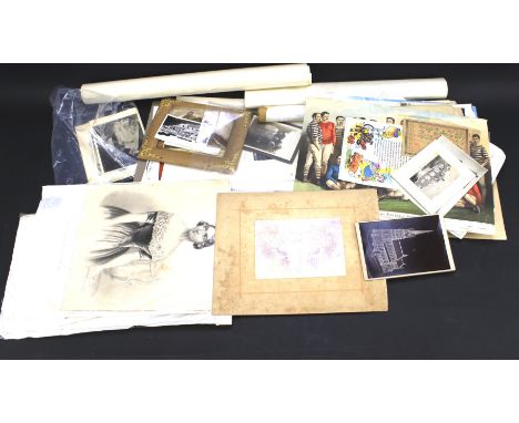 An assortment of Victorian and later prints, photographs and a watercolour painting. Including 'Portrait of a Jew', Flower Pr