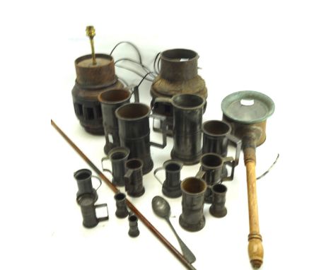 A wooden handled lamp and a large quantity of metalware. Including tankards, a pair of light fittings etc