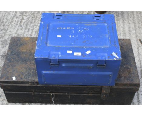 A military storage trunk and an ammunitions case. Both of rectangular form with twin handles, largest L89cm