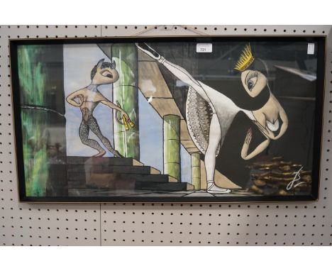 A painting on paper of ballerinas dancing in an architectural setting. Initialled lower right LB. (?) 75cm x 39cm. Framed and