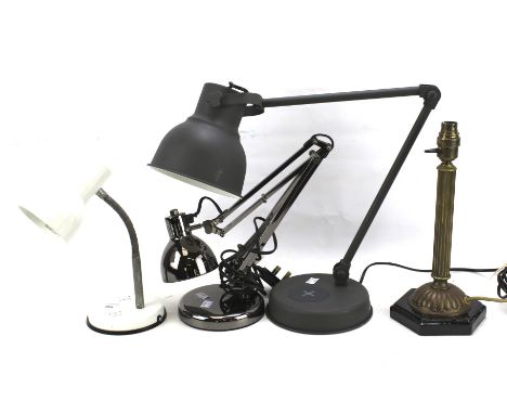 Four 20th century table lamps. Comprising three adjustable examples and a brass lamp base of columnal form and mounted on a b