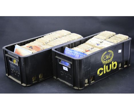 Two boxes of assorted 45" vinyl singles. 1950's-1990's, mostly pop music, including The Rolling Stones, George Michael, Heatw