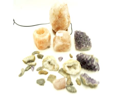 Assorted Himalayan salts, quartz and other stones and fossils. Including a salt lamp fitted for electricity (not tested), etc
