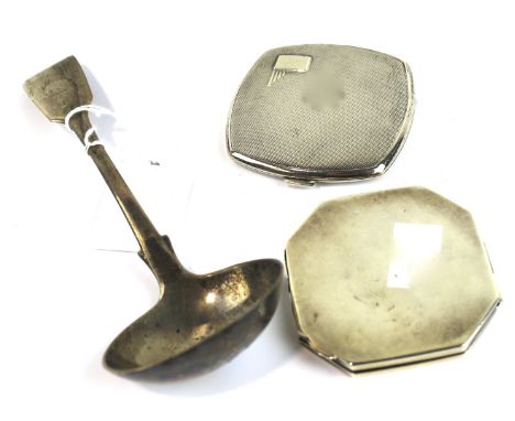 A small quantity of 19th &amp; 20th century silver. Comprising a sauce ladle hallmarked Sheffield 1849, two compacts and an o