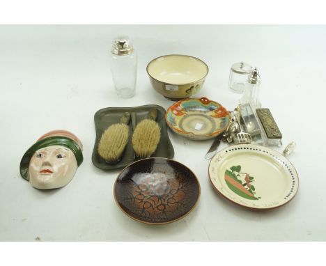 Assorted collectables. To include silver plate, WMF mounted glass cocktail shaker, Crown Devon Art Deco style wall mask hand 