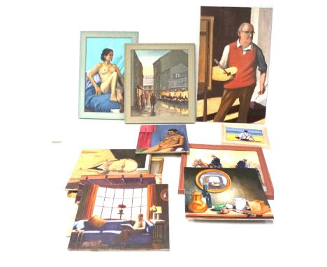 A large assortment of paintings. Most being painted on canvas, to include a portrait of a lady in the nude, other portraits e