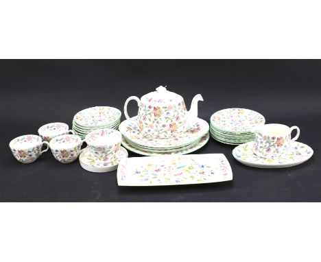 A Minton's Haddow Hall part teaset, including three teacups, eight saucers, eight tea plates, tea pot, milk jug, sugar bowl, 