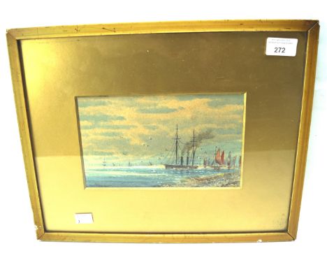An early 20th century watercolour seascape. Depicting various boats and ships at sea, including a steamer, indistinctly signe