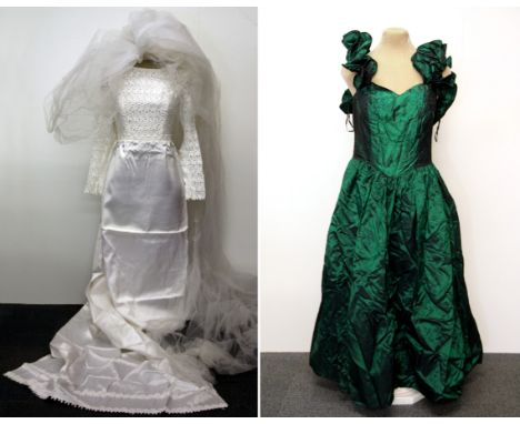A vintage wedding dress and a satin gown.