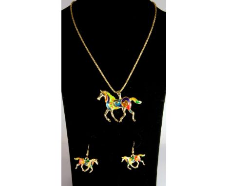 A set of matching gilt and enamel horse shaped drop earrings with matching pendant and chain.